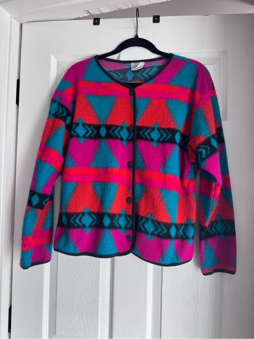 David Wayne vintage Women's 80s 90s Geometric Aztec Print Fleece Jacket button